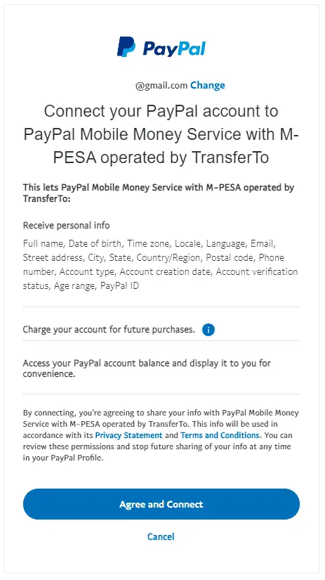 PayPal MPESA - Agree and Connect page to link PayPal account to M-PESA

