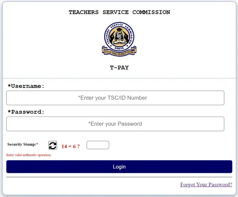 TSC Payslip Login Window of the Teachers Service Commission portal Login to the T-PAY portal and view or download your latest TSC payslip via https://tpay.tsc.go.ke/