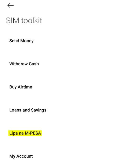 Select Lipa na MPESA choice of the M-PESA App and proceed