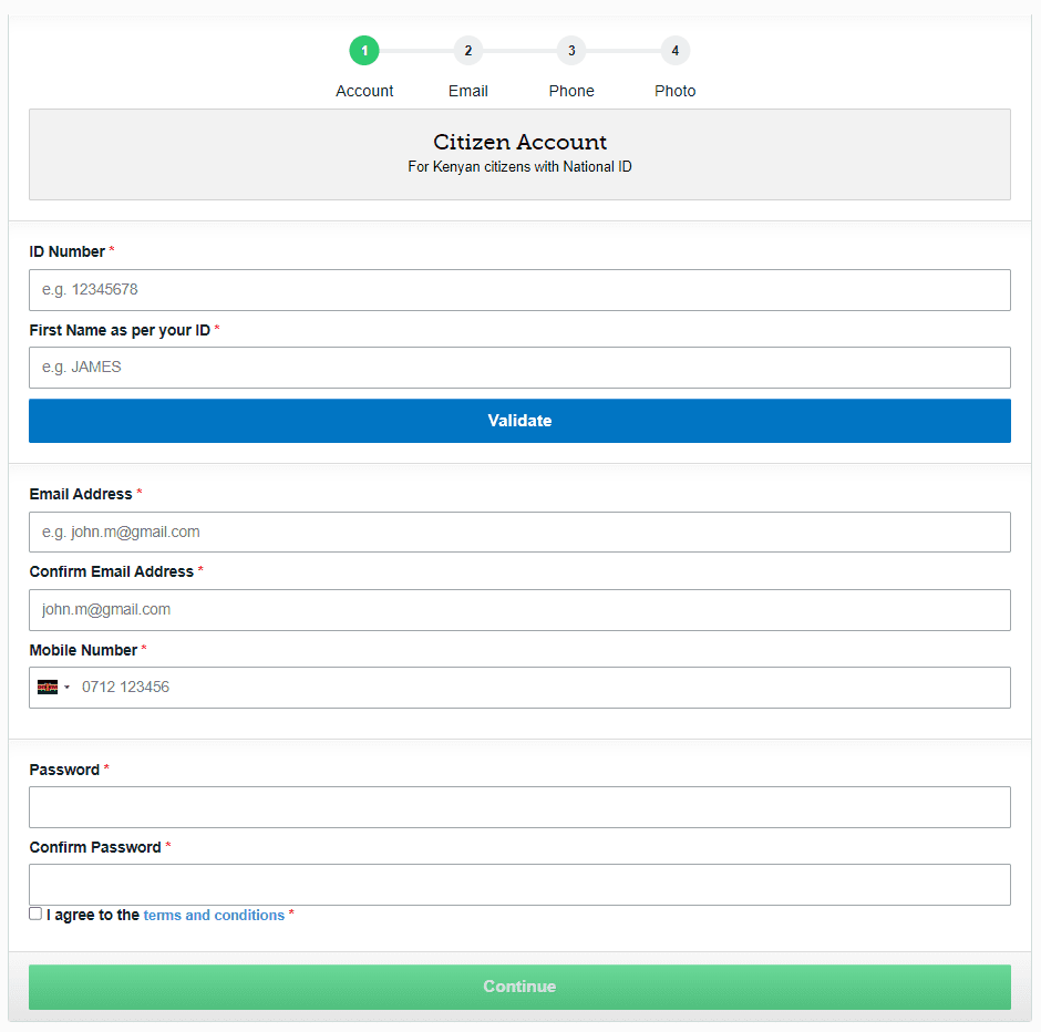 Creating eCitizen access for a Kenyan national