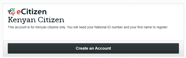The eCitizen portal option for a Republic of Kenya national to create an eCitizen account