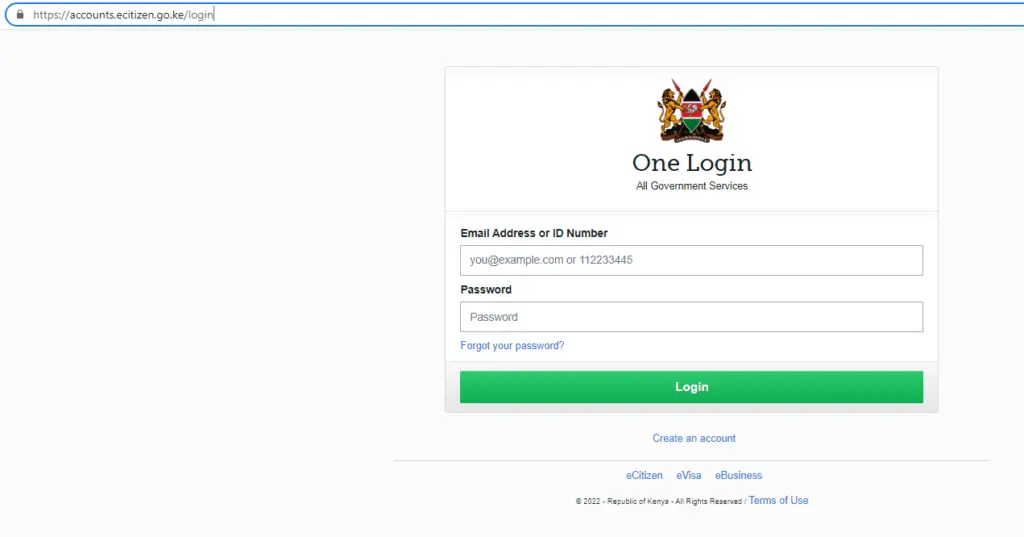 Here is the link for the eCitizen account login page 

https://accounts.ecitizen.go.ke/login

Your ID number is your username