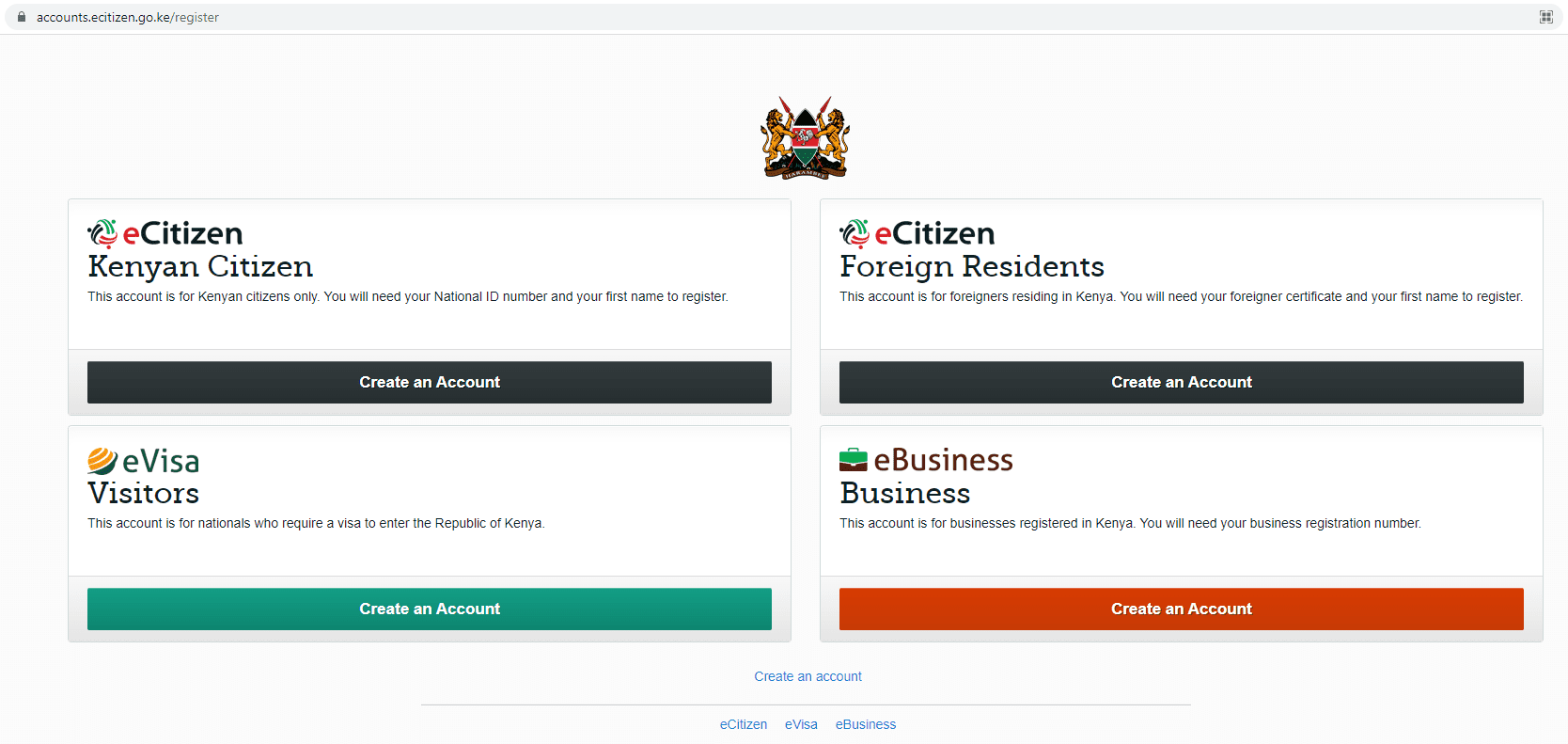 The various options to register in the eCitizen website Toggle navigation for the government services you want.