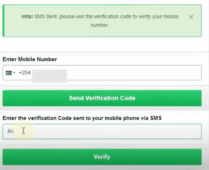 mobile number verification page on the eCitizen portal